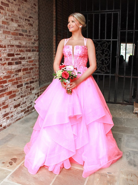 V Neck Open Back Fluffy Hot Pink Lace Long Prom Dresses, Hot Pink Lace Formal Evening Dresses, Ball Gown SP3211