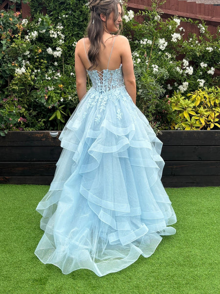V Neck Open Back Fluffy Light Blue Lace Long Prom Dresses, Light Blue Lace Formal Dresses, Lace Evening Dresses SP3316