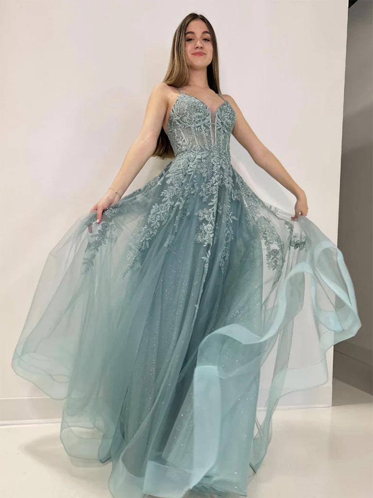 V Neck Open Back Gray Lace Long Prom Dresses, Gray Lace Formal Dresses Shiny Party V Neck Open Back Gray Lace Long Prom Dresses, Gray Lace Formal Dresses Shiny Party