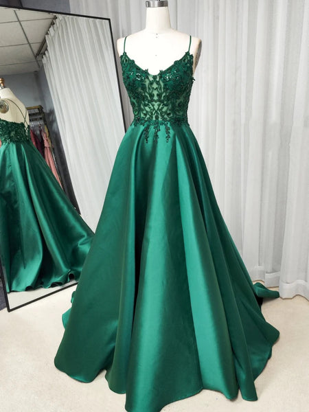 V Neck Open Back Green Lace Long Prom Dresses, Green Lace Formal Graduation Evening Dresses SP2763