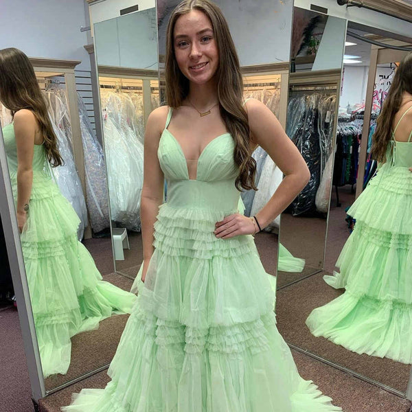 V Neck Open Back Green Layered Long Prom Dresses, V Neck Green Formal Dress, Green Evening Dress SP2840
