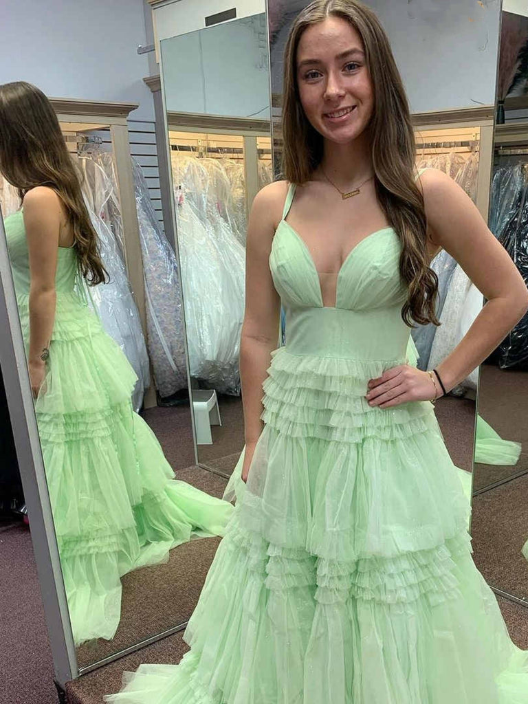 V Neck Open Back Green Layered Long Prom Dresses, V Neck Green Formal Dress, Green Evening Dress SP2840