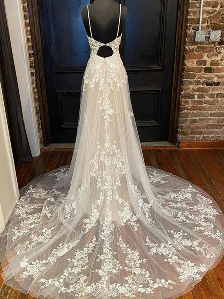 V Neck Open Back Ivory Lace Long Prom Dresses with Train, Ivory Lace Formal Evening Dresses, Ivory Wedding Dresses SP2918