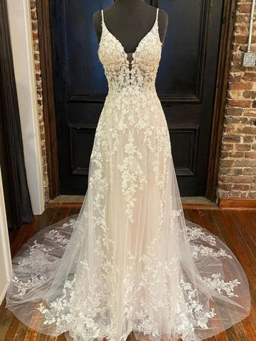 V Neck Open Back Ivory Lace Long Prom Dresses with Train, Ivory Lace Formal Evening Dresses, Ivory Wedding Dresses SP2918