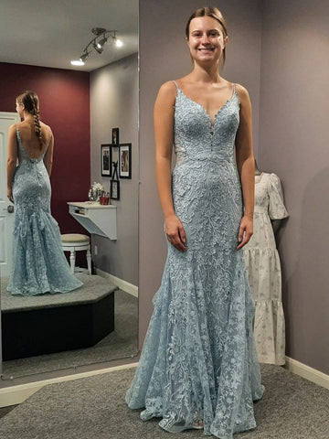 V Neck Open Back Mermaid Blue Lace Long Prom Dresses, Mermaid Blue Formal Dresses, Blue Lace Evening Dresses SP3039