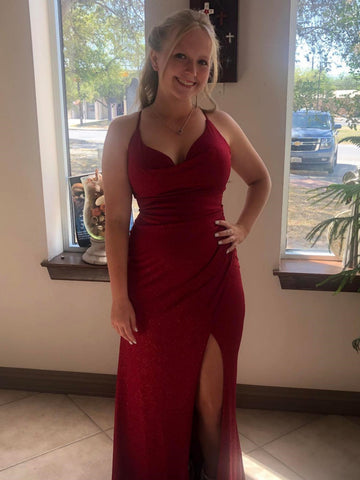 V Neck Open Back Mermaid Burgundy Long Prom Dresses with High Slit, Mermaid Burgundy Formal Dresses, Burgundy Evening Dresses SP3056