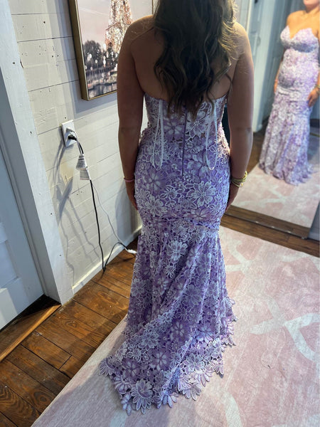 V Neck Open Back Mermaid Purple Lace Long Prom Dresses, Mermaid Purple Formal Dresses, Purple Lace Evening Dresses SP3082