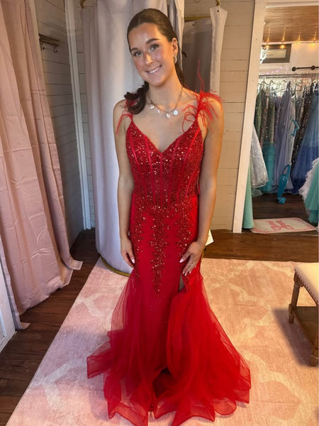 V Neck Open Back Mermaid Red Lace Long Prom Dresses with Leg Slit, Mermaid Red Formal Dresses, Red Lace Evening Dresses SP3077