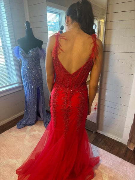 V Neck Open Back Mermaid Red Lace Long Prom Dresses with Leg Slit, Mermaid Red Formal Dresses, Red Lace Evening Dresses SP3077