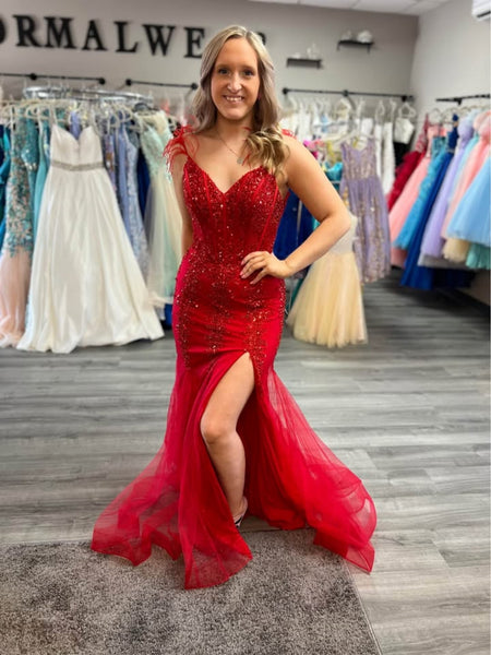 V Neck Open Back Mermaid Red Lace Long Prom Dresses with Leg Slit, Mermaid Red Formal Dresses, Red Lace Evening Dresses SP3077