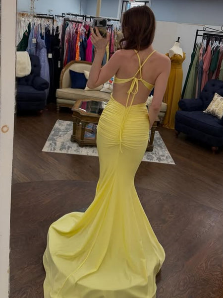 V Neck Open Back Mermaid Yellow Satin Long Prom Dresses, Mermaid Yellow Formal Graduation Evening Dresses SP3401