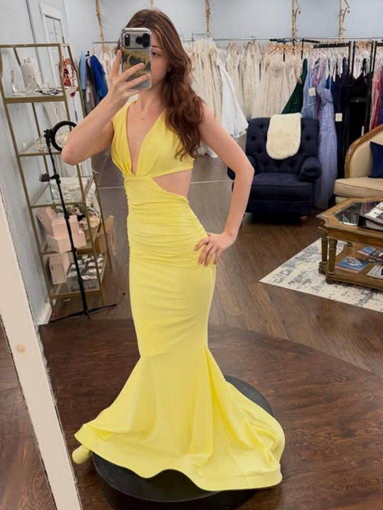 V Neck Open Back Mermaid Yellow Satin Long Prom Dresses, Mermaid Yellow Formal Graduation Evening Dresses SP3401