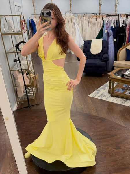 V Neck Open Back Mermaid Yellow Satin Long Prom Dresses, Mermaid Yellow Formal Graduation Evening Dresses SP3401