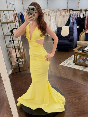 V Neck Open Back Mermaid Yellow Satin Long Prom Dresses, Mermaid Yellow Formal Graduation Evening Dresses SP3401