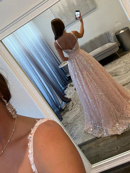 V Neck Open Back Pink Lace Long Prom Dresses, Pink Lace Formal Dresses, Pink Evening Dresses SP3376