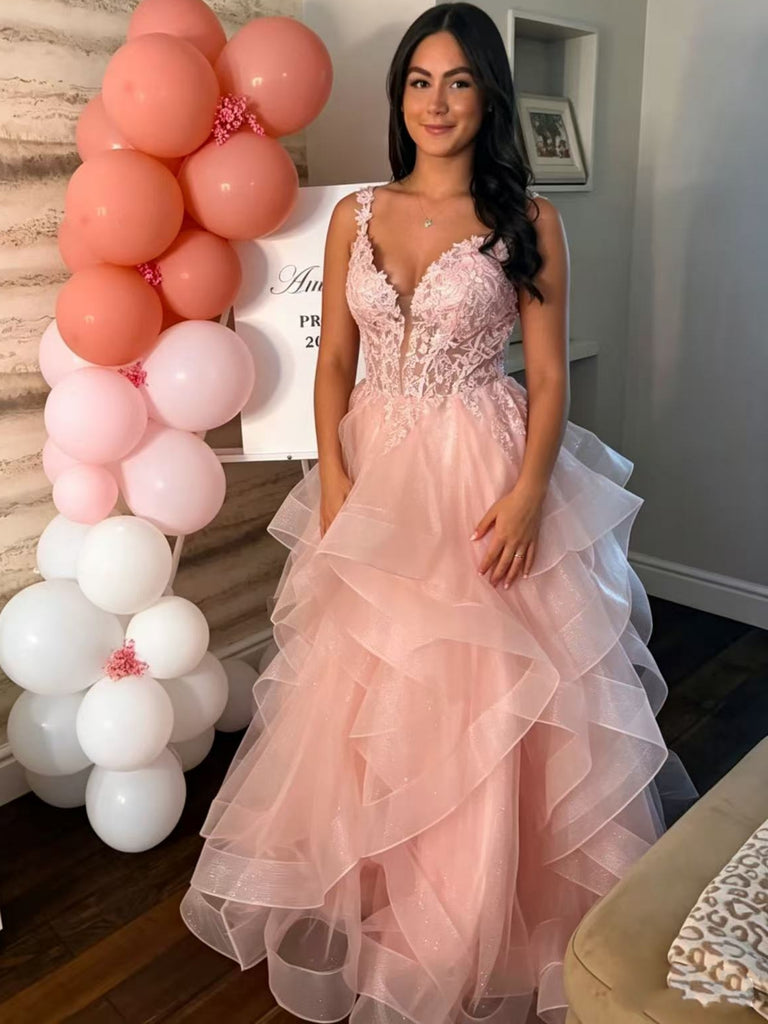 V Neck Open Back Pink Lace Long Prom Dresses, Pink Lace Formal Dresses, Pink Evening Dresses SP3506