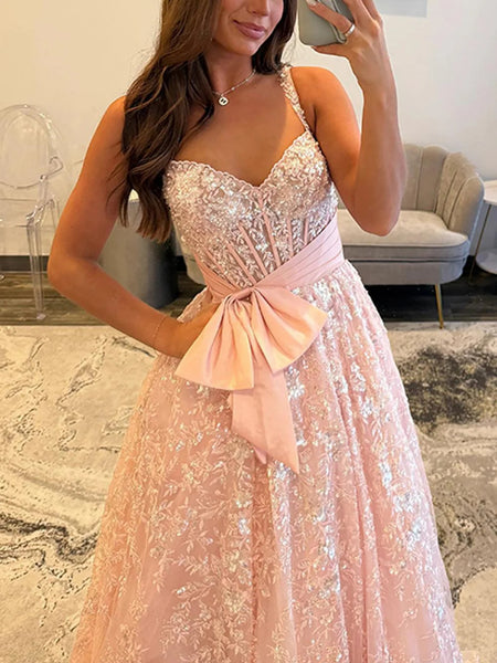 V Neck Open Back Pink Lace Long Prom Dresses, Pink Lace Formal Dresses, Pink Evening Dresses SP3376