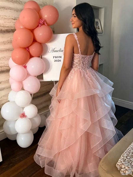 V Neck Open Back Pink Lace Long Prom Dresses, Pink Lace Formal Dresses, Pink Evening Dresses SP3506