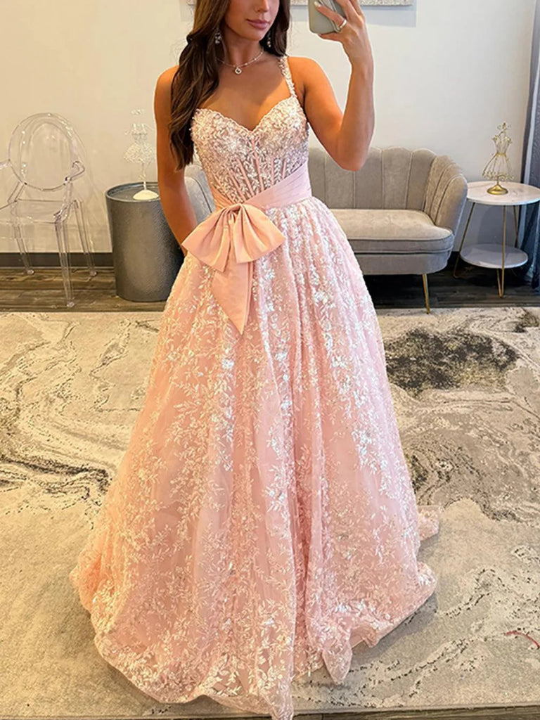 V Neck Open Back Pink Lace Long Prom Dresses, Pink Lace Formal Dresses, Pink Evening Dresses SP3376