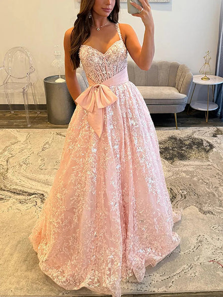 V Neck Open Back Pink Lace Long Prom Dresses, Pink Lace Formal Dresses, Pink Evening Dresses SP3376