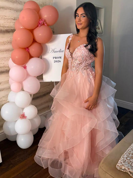 V Neck Open Back Pink Lace Long Prom Dresses, Pink Lace Formal Dresses, Pink Evening Dresses SP3506