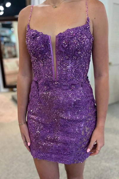 V Neck Open Back Purple Lace Sequins Prom Dresses, Purple Lace Homecoming Dresses, Short Purple Sequins Formal Evening Dresses SP2986