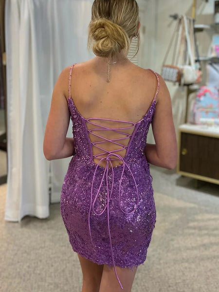 V Neck Open Back Purple Lace Sequins Prom Dresses, Purple Lace Homecoming Dresses, Short Purple Sequins Formal Evening Dresses SP2986