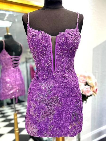 V Neck Open Back Purple Lace Sequins Prom Dresses, Purple Lace Homecoming Dresses, Short Purple Sequins Formal Evening Dresses SP2986