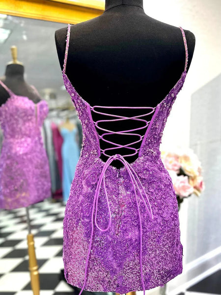 V Neck Open Back Purple Lace Sequins Prom Dresses, Purple Lace Homecoming Dresses, Short Purple Sequins Formal Evening Dresses SP2986