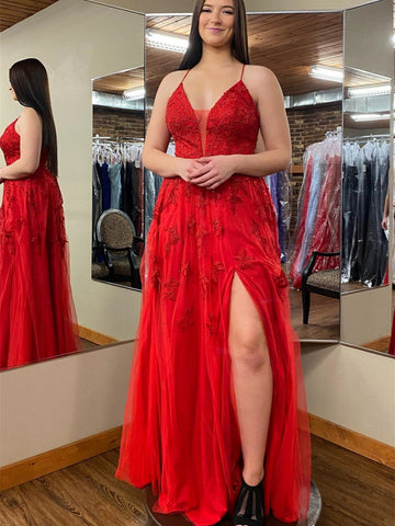 V Neck Open Back Red Lace Long Prom Dresses with High Slit, Red Lace Formal Dresses, Red Evening Dresses SP2848