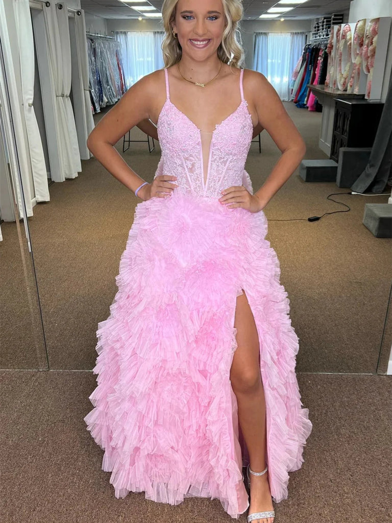 V Neck Pink Lace Long Prom Dresses with High Slit, Pink Lace Formal Dr Shiny Party V Neck Pink Lace Long Prom Dresses with High Slit, Pink Lace Formal Dr Shiny Party