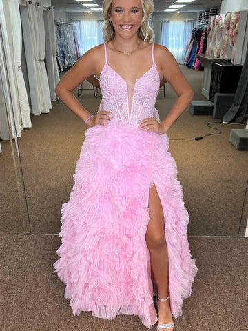 V Neck Pink Lace Long Prom Dresses with High Slit, Pink Lace Formal Dresses, Pink Ruffle Evening Dresses SP2813