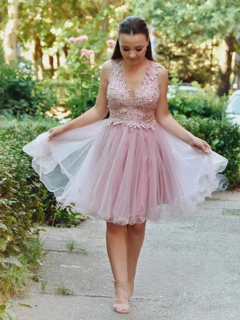pink lace prom dress short Pink Lace Short Prom Dress, High Low Evening Dress Custom Size / Pink