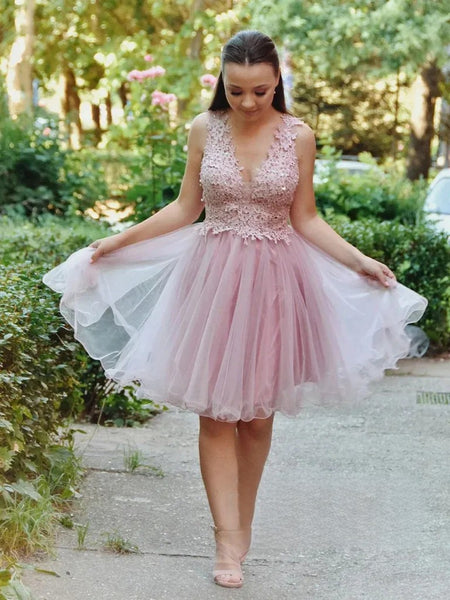 V Neck Pink Lace Short Prom Dresses, Pink Lace Homecoming Dresses, Pink Formal Graduation Evening Dresses SP2745