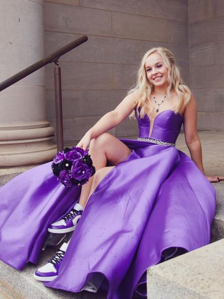 V Neck Purple Satin Long Prom Dresses with Belt, V Neck Purple Formal Shiny Party V Neck Purple Satin Long Prom Dresses with Belt, V Neck Purple Formal Shiny Party
