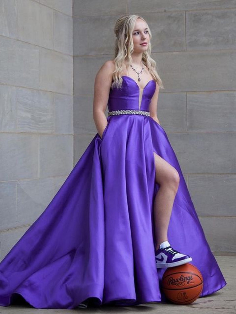 V Neck Purple Satin Long Prom Dresses with Belt, V Neck Purple Formal Shiny Party V Neck Purple Satin Long Prom Dresses with Belt, V Neck Purple Formal Shiny Party