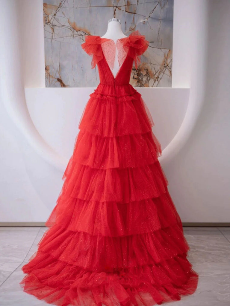 Mini Dress Bardot Tulle Dress V Neck Red Tulle Layered Long Prom Dresses, Long Red Formal Graduation Shiny Party Mini Dress Bardot Tulle Dress V Neck Red Tulle Layered Long Prom Dresses, Long Red Formal Graduation Shiny Party