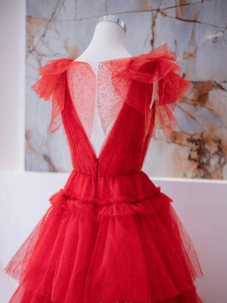 V Neck Red Tulle Layered Long Prom Dresses, Long Red Formal Graduation  Evening Dresses, Red Ball Gown SP2785