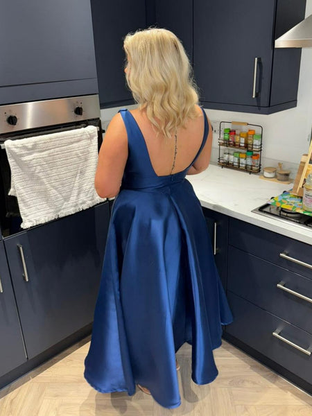 V Neck Royal Blue Satin Tea Length Prom Dresses, Royal Blue Formal Graduation Evening Dresses SP3447