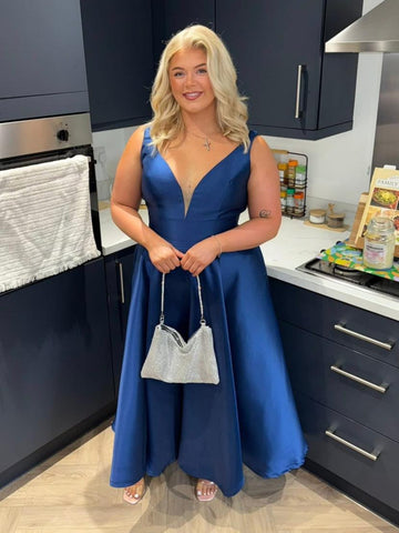 V Neck Royal Blue Satin Tea Length Prom Dresses, Royal Blue Formal Graduation Evening Dresses SP3447