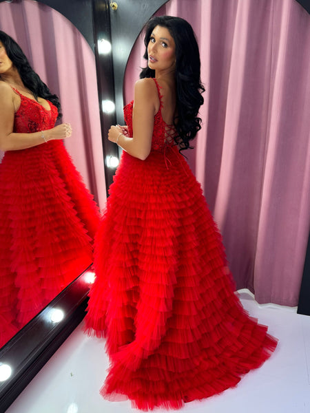 V Neck Ruffle Red Lace Long Prom Dresses, Red Lace Formal Dresses, Red Evening Dresses SP3438