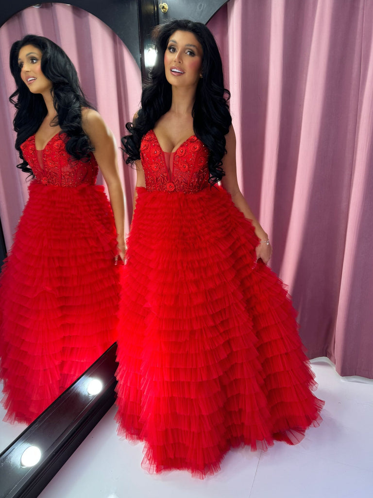 V Neck Ruffle Red Lace Long Prom Dresses, Red Lace Formal Dresses, Red Evening Dresses SP3438