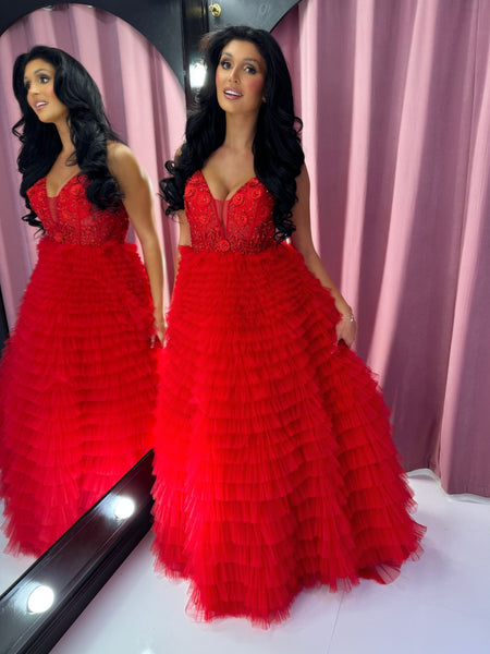 V Neck Ruffle Red Lace Long Prom Dresses, Red Lace Formal Dresses, Red Evening Dresses SP3438