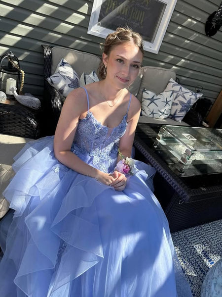 V Neck Spaghetti Straps Light Blue Lace Long Prom Dresses, Light Blue Lace Formal Evening Dresses SP3364