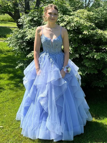 V Neck Spaghetti Straps Light Blue Lace Long Prom Dresses, Light Blue Lace Formal Evening Dresses SP3364