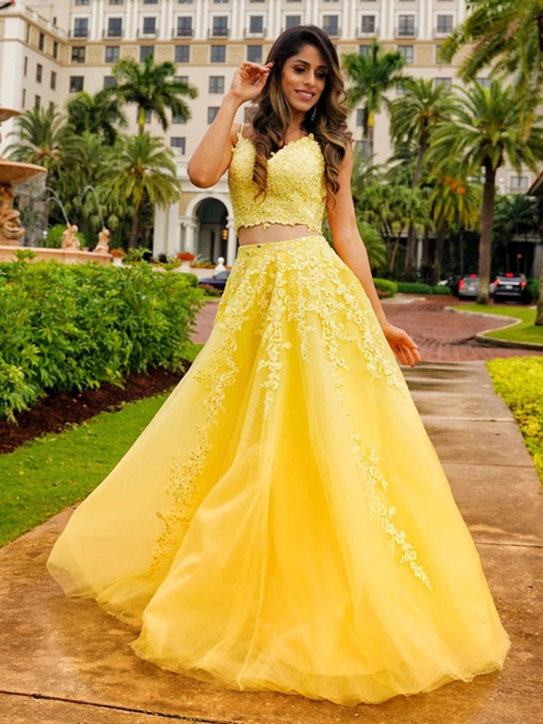V Neck Two Pieces Yellow Lace Long Prom Dresses, 2 Pieces Yellow Forma Shiny Party V Neck Two Pieces Yellow Lace Long Prom Dresses, 2 Pieces Yellow Forma Shiny Party