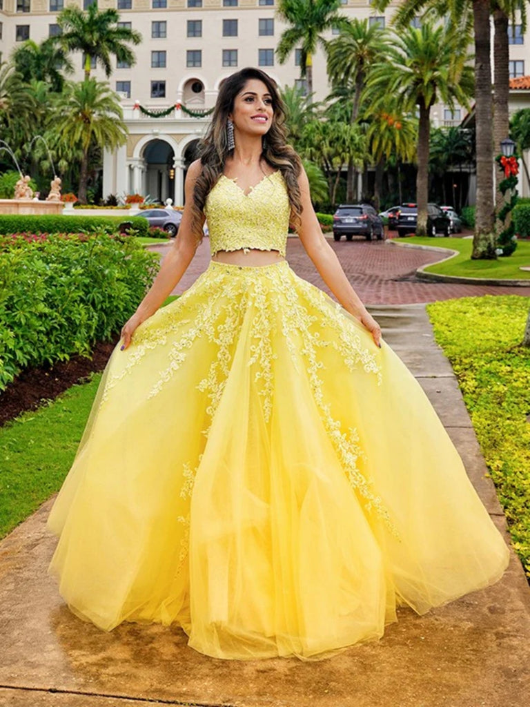V Neck Two Pieces Yellow Lace Long Prom Dresses, 2 Pieces Yellow Formal Dresses, Yellow Lace Evening Dresses SP2821