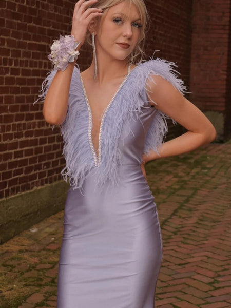 V Neck and V Back Mermaid Lilac/Black Satin Long Prom Dresses with Feather, Mermaid Lilac/Black Formal Graduation Evening Dresses SP3280