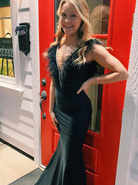 V Neck and V Back Mermaid Lilac/Black Satin Long Prom Dresses with Feather, Mermaid Lilac/Black Formal Graduation Evening Dresses SP3280