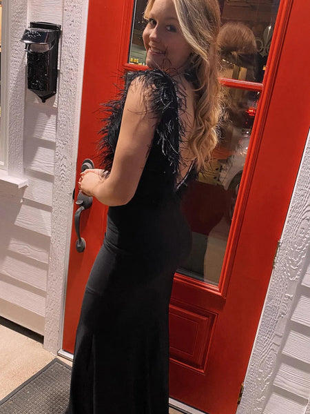 V Neck and V Back Mermaid Lilac/Black Satin Long Prom Dresses with Feather, Mermaid Lilac/Black Formal Graduation Evening Dresses SP3280